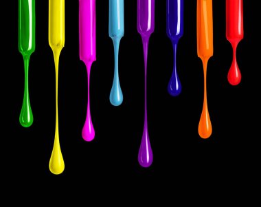 Siyah arka plan üzerinde renkli tırnak cilaları damla