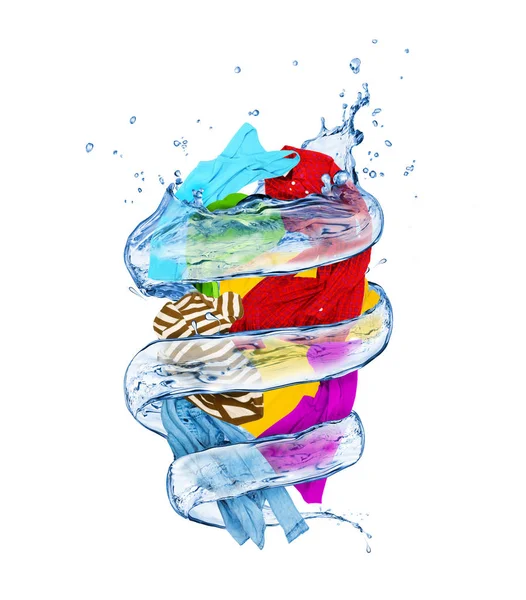 Färgglada kläder roterar i en virvel av vatten, isolerad på vit — Stockfoto