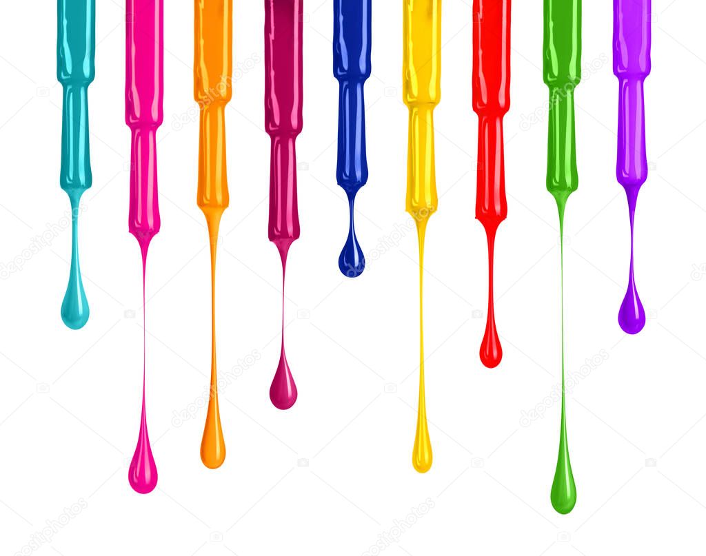 Palette of colored nail polishes with falling drops down