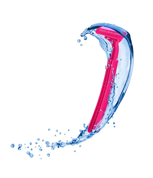 Różowa golarka dla pani orzeźwiające rozpryski wody na białej — Zdjęcie stockowe