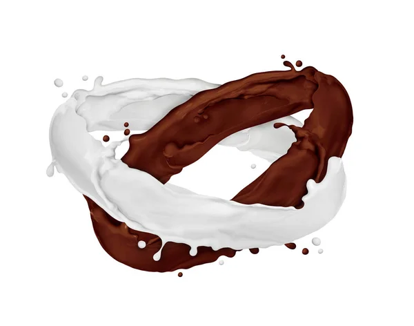 Schokolade und Milch spritzt in Bewegung, isoliert auf weiß — Stockfoto