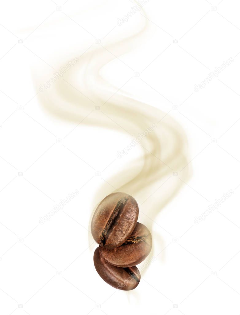 Coffee beans with hot steam close-up on white background 