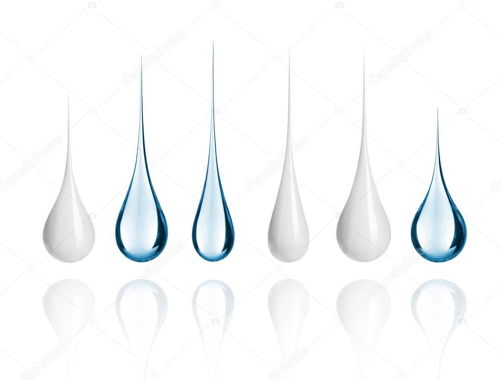 Set of different milk and water drops close-up