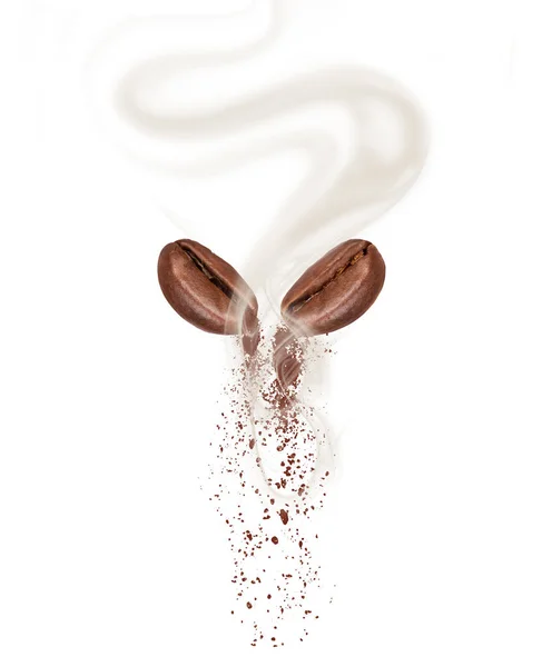 Two coffee beans with hot steam close-up on white background — Stock Photo, Image