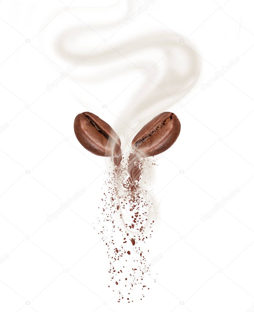 Two coffee beans with hot steam close-up on white background 