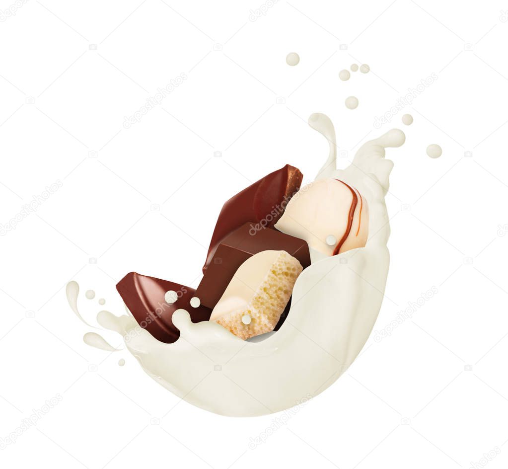 Chocolate sweets with milk splashes, isolated on white 