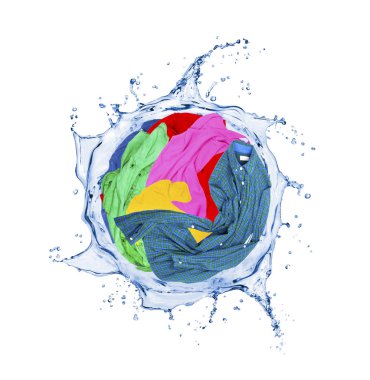Colorful clothes rotates in a swirling splashes of water  clipart
