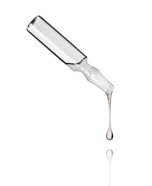 Cosmetic or medical ampoule with falling drop down on white — Stock Photo, Image