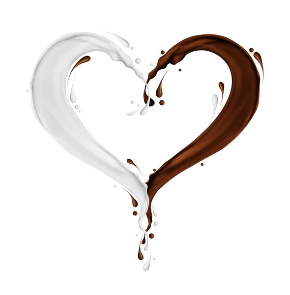 Salpicaduras de leche y chocolate en forma de corazón sobre blanco — Foto de Stock