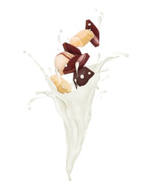 Çikolatalı tatlılar süt, beyaz izole sıçramalarına içinde boğulmak 