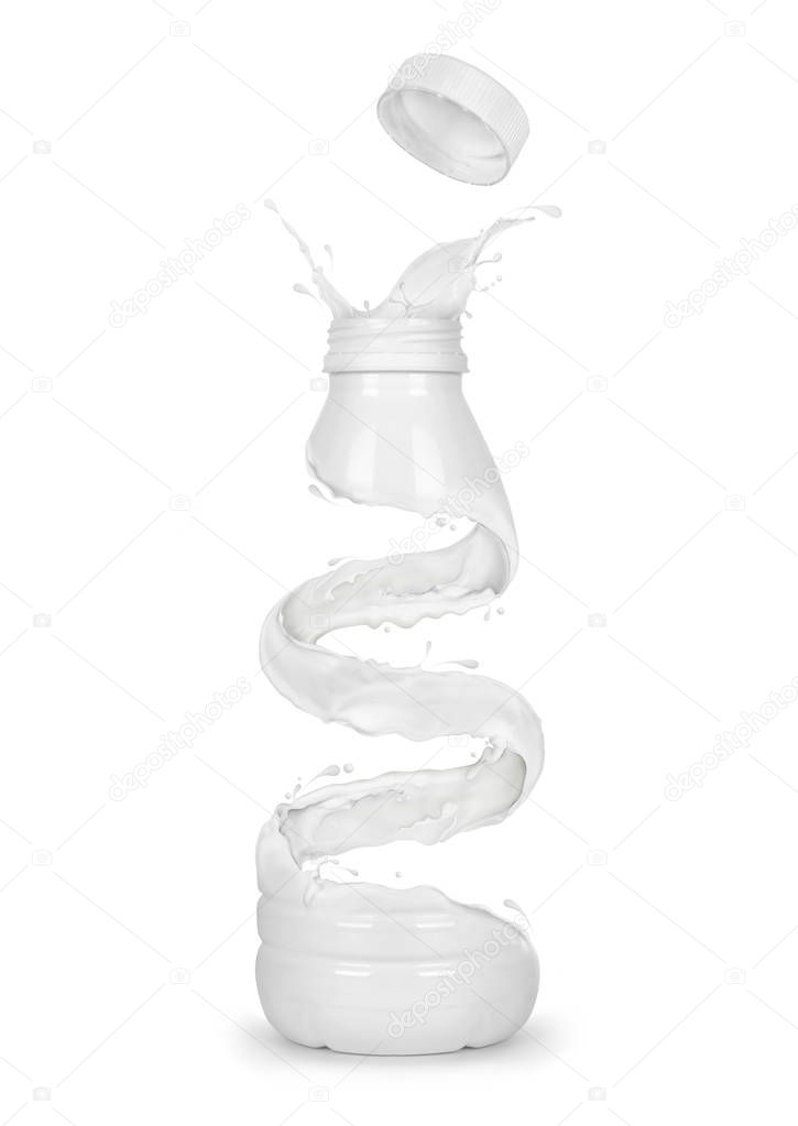 White bottle made from milk splashes. Conceptual image 