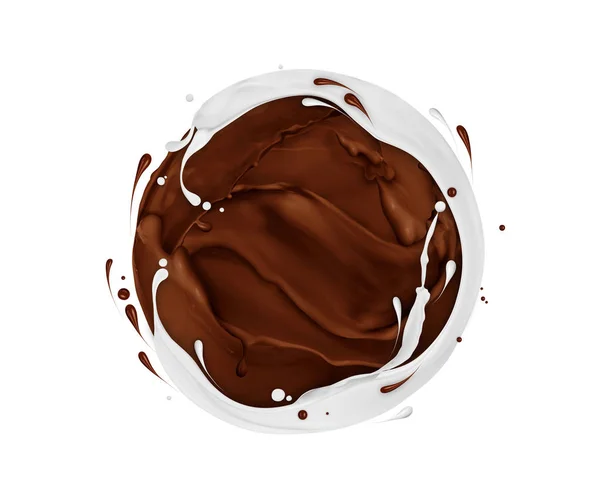 Runda klot gjort av choklad och mjölk stänker på vit — Stockfoto