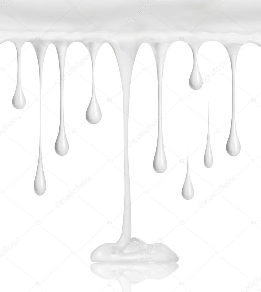 White cream stretched drips, isolated on white background