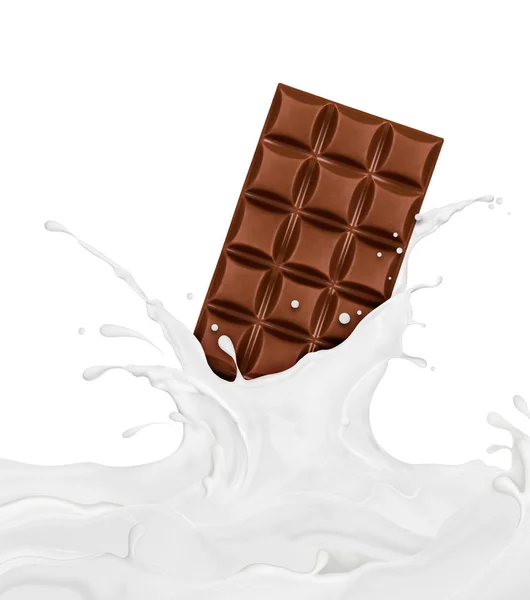 Chocolate bar drowns in splashes of milk — Stock Photo, Image