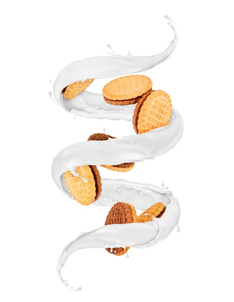Köstliche Kekse rotieren in einem wirbelnden Spritzer Milch — Stockfoto