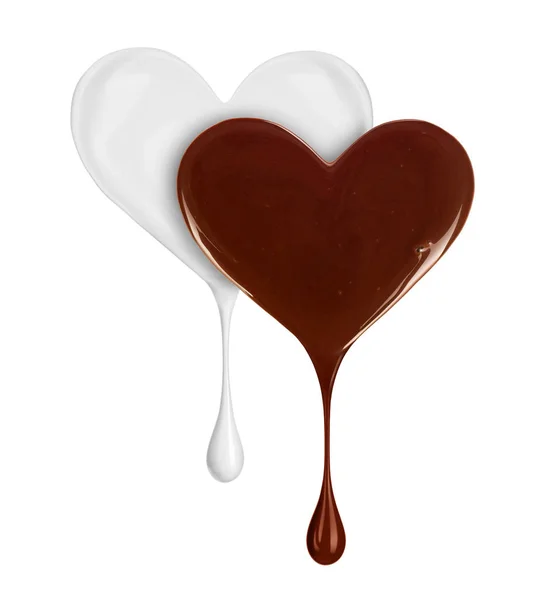 白い背景の上の滴とミルクとチョコレートの心 — ストック写真