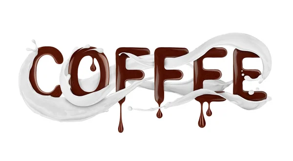 Word Coffee written with liquid chocolate with milk splashes — Stock Photo, Image