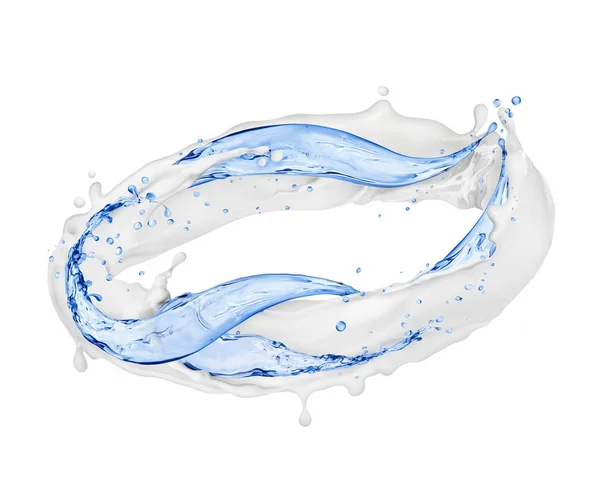 Mleko z wodą odrobiny obracać w koło na białym tle — Zdjęcie stockowe