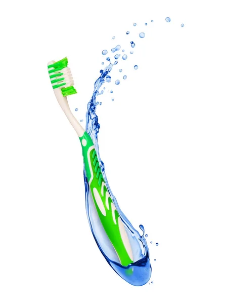 Water flow envelops toothbrush isolated on white background — Stock Photo, Image