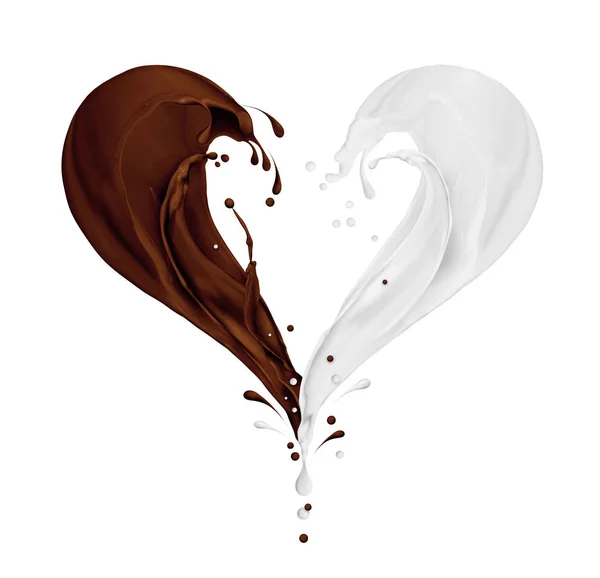 Mléko a čokoládové cákance ve tvaru srdce na bílém — Stock fotografie