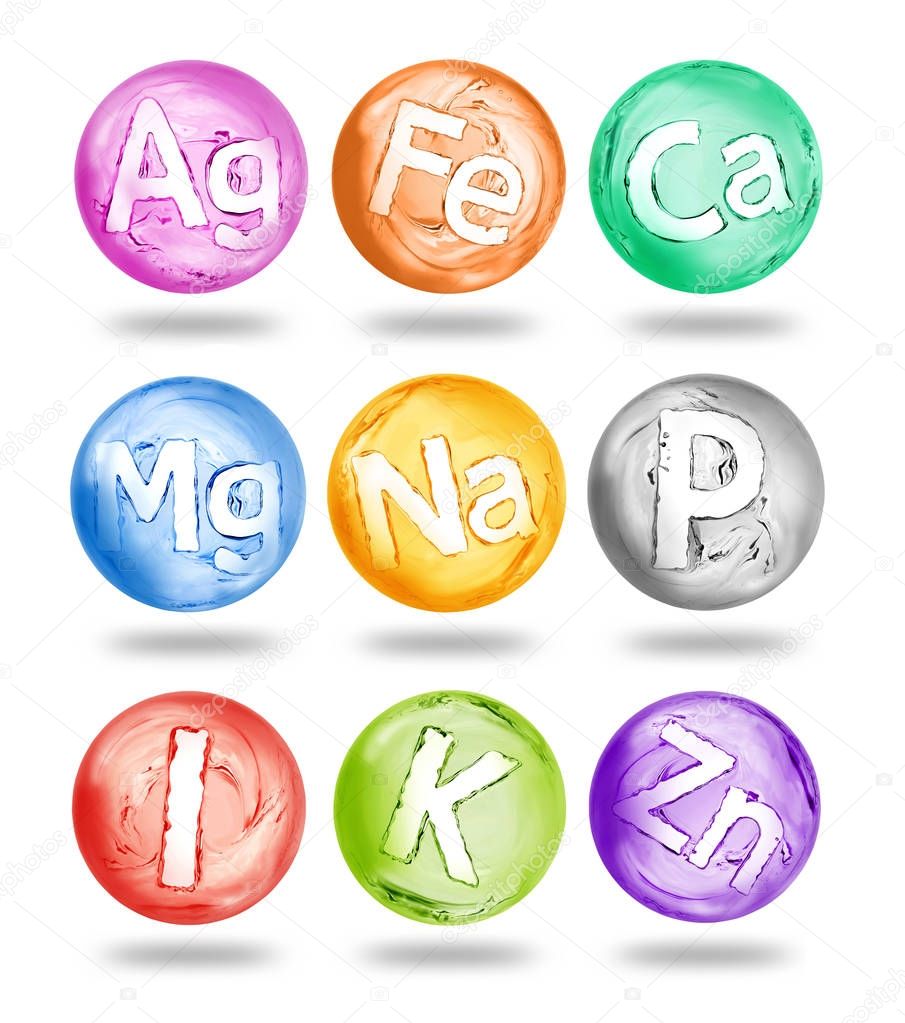 Group of chemical minerals and microelements in the form of spheres made of water