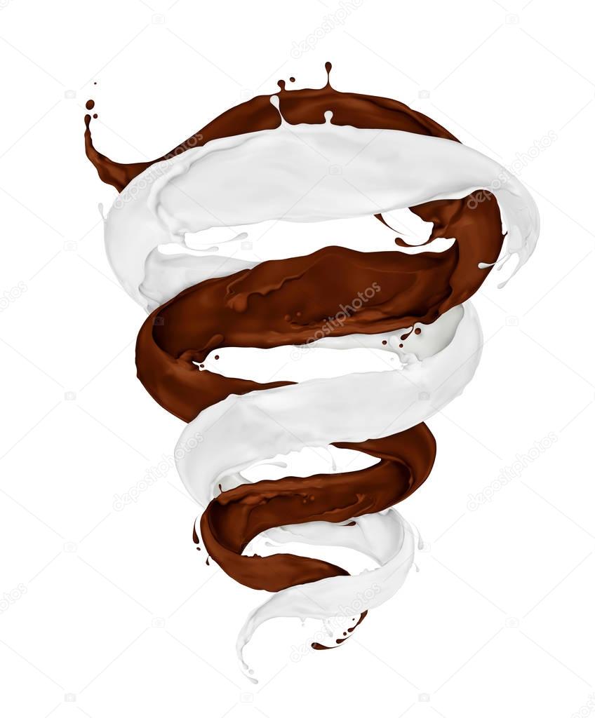 Splashes of chocolate and milk twisted into a spiral on a white 