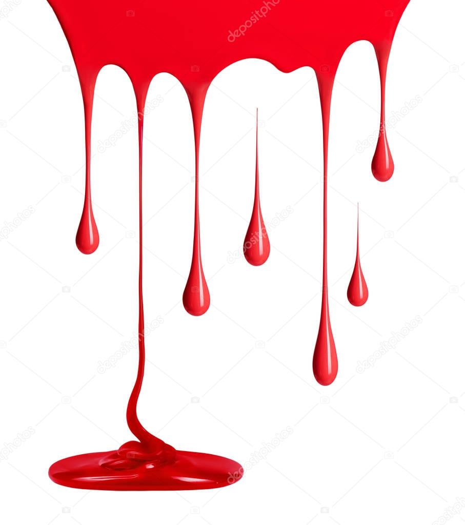 Red paint flows down on a white background