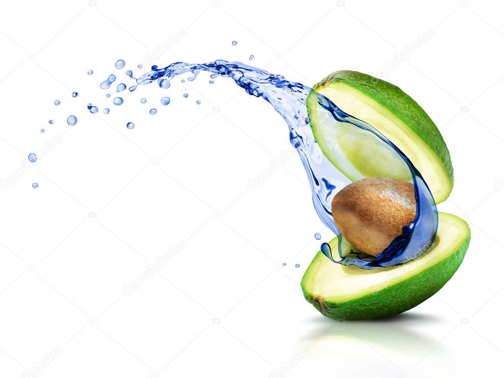 Avocado with a moving splash of water, isolated on white 