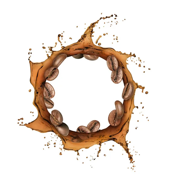 Coffee beans move around in coffee splashes — Stock Photo, Image