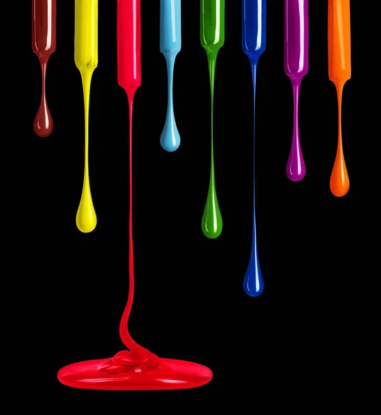 Rayas de pintura multicolor en forma de gotas, que fluyen de los pinceles sobre fondo negro — Foto de Stock