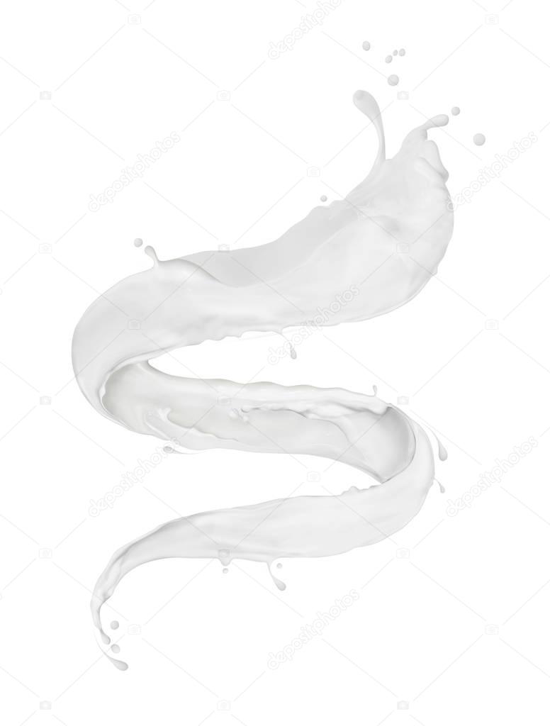 Milk splashes twisted in the shape of a spiral on white