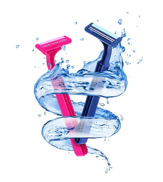 Pink lady shaver and blue shaver for men with splashes of water — Stock Photo, Image