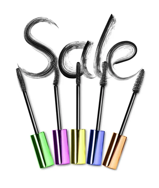 Set of various mascara brushes with inscription Sale on white background — Stock Photo, Image