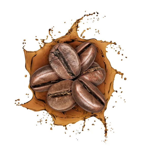 Granos de café se mueve en salpicaduras de café, aislado en blanco —  Fotos de Stock