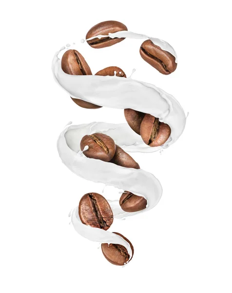Granos de café se mueve en un remolino de salpicaduras de leche en blanco —  Fotos de Stock