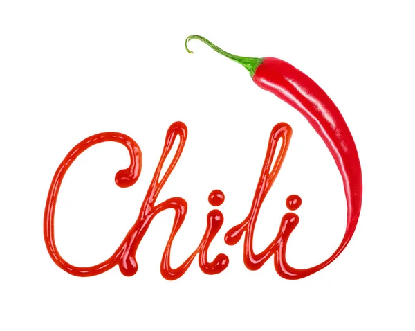 The word Chili written with ketchup and red hot natural chili pepper pod — Stock Photo, Image