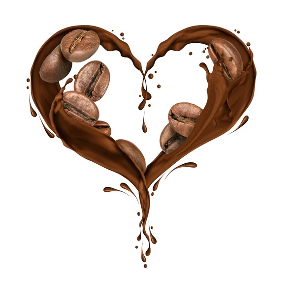 Chicchi di caffè con spruzzi di cioccolato a forma di cuore — Foto Stock