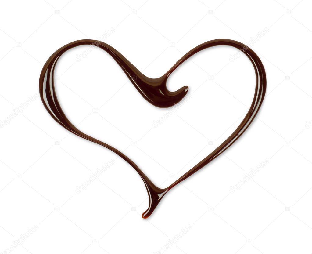 Heart drawn with melted chocolate close-up, isolated on white