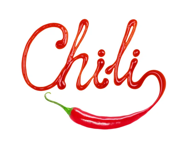 The word Chili written with ketchup and red hot natural chili pepper pod — Stock Photo, Image