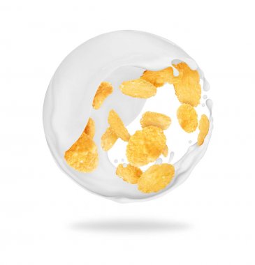 Yulaf gevreği süt sıçramalarına beyaz arka plan üzerinde boğuldu