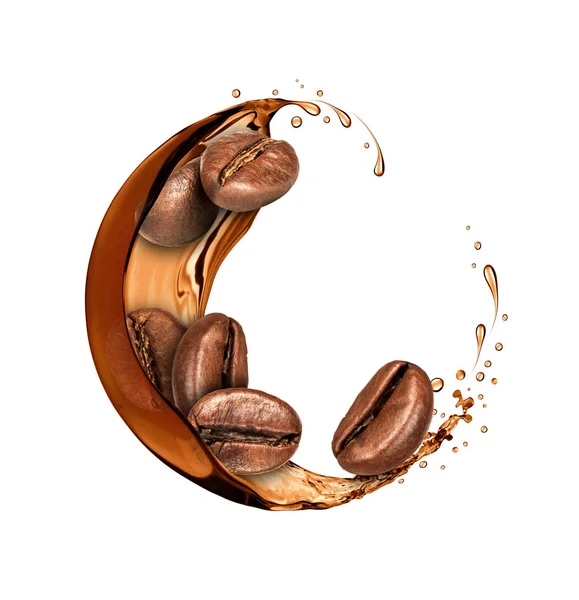 Los granos de café se mueve en un primer plano salpicaduras de café sobre fondo blanco — Foto de Stock
