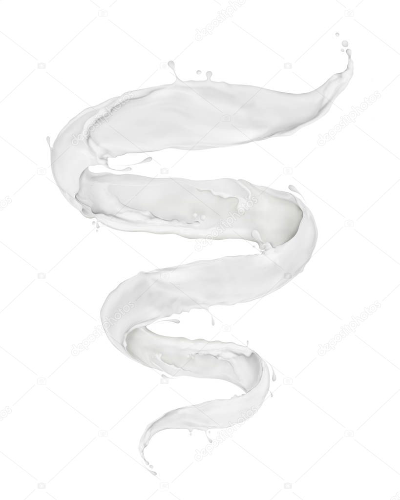 Milk splashes in the form of a spiral on white background 