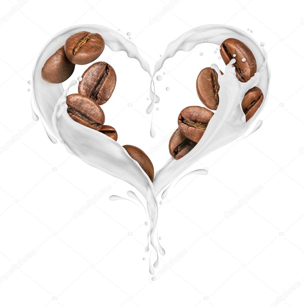 Coffee beans with splashes of milk in the shape of the heart