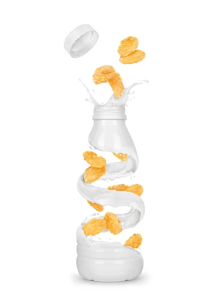 Haver vlokken in melk plonsen, conceptuele afbeelding geïsoleerd op wit — Stockfoto
