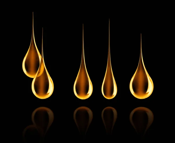 Set of different oily drops close-up on black background — Stock Photo, Image