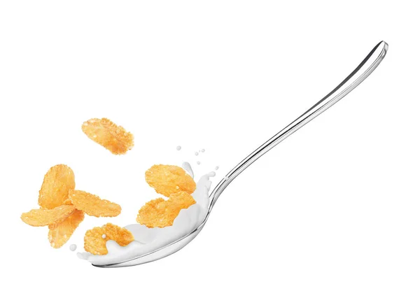 Cornflakes in einem Löffel mit Milch in Nahaufnahme, isoliert auf weiß — Stockfoto
