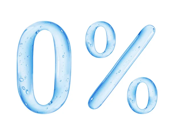Número 0 e sinal percentual é feito de água no fundo branco — Fotografia de Stock