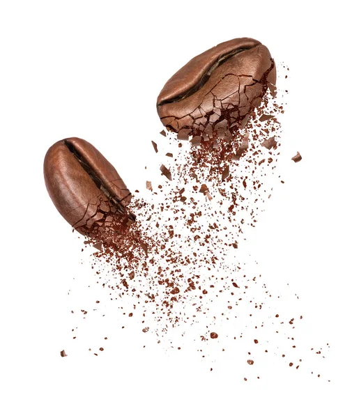 Two coffee beans broken into powder close-up on a white — Stock Photo, Image