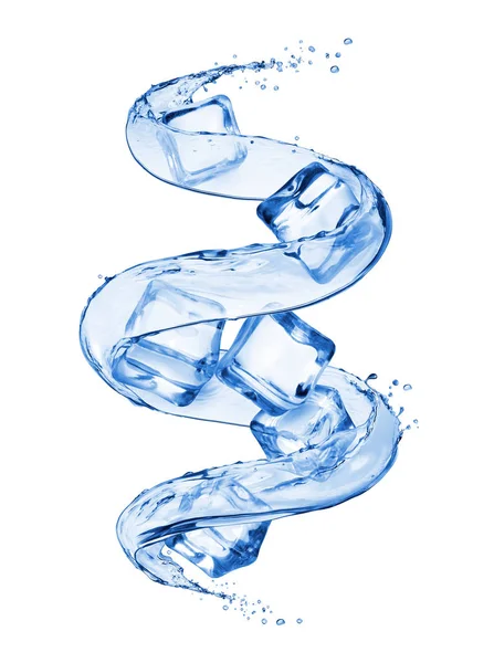 Isbitar med stänk av vatten i en virvlande form — Stockfoto
