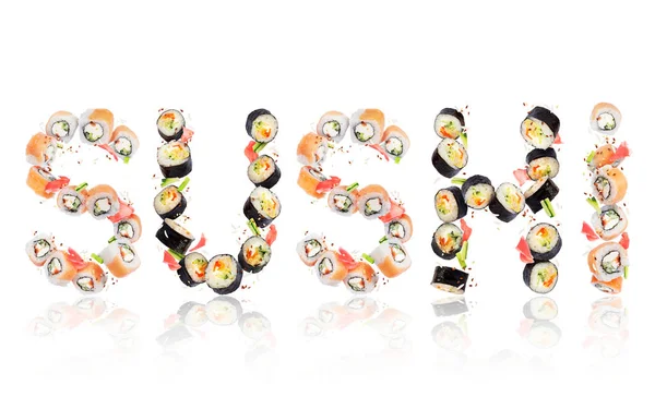 Sushi Inscripción hecho de rollos en alta resolución en blanco — Foto de Stock